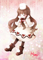 Rule 34 | 1girl, blush, brown hair, capelet, closed eyes, cocoa cookie, coffee mug, cookie run, cup, danby merong, dress, full body, gloves, hat, highres, humanization, long hair, long sleeves, mug, open mouth, pantyhose, personification, solo
