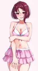 Rule 34 | 1girl, alternate hair length, alternate hairstyle, arm under breasts, bikini, bikini skirt, blush, breasts, cleavage, collarbone, commentary request, cowboy shot, front-tie top, hair ornament, hairclip, half updo, halterneck, highres, igarashi kyouhei, layered bikini, legs together, looking at viewer, love live!, love live! sunshine!!, medium breasts, navel, open mouth, pink background, pink bikini, pink skirt, red hair, sakurauchi riko, short hair, simple background, skirt, solo, straight-on, swimsuit, teeth, white background, yellow eyes