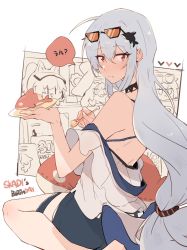 5girls, andreana (arknights), animal ears, arknights, bare back, bare legs, bare shoulders, black choker, cake, choker, commentary, eating, eyewear on head, food, from behind, goggles, goggles on head, grani (arknights), habit, hair between eyes, hair ornament, head tilt, highres, holding, holding plate, horse ears, inflatable orca, inflatable toy, kyou 039, long hair, looking at viewer, multiple girls, no hat, no headwear, nun, official alternate costume, plate, red eyes, sidelocks, silver hair, sitting, specter (arknights), speech bubble, sunglasses, thigh strap, thighs, translation request, veil, very long hair, visor cap, visor lift, whale hair ornament, white background