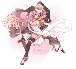Rule 34 | 1boy, 1girl, ^ ^, bare shoulders, black thighhighs, braid, cloak, closed eyes, copyright name, couple, dated, detached pants, detached sleeves, fire emblem, fire emblem awakening, from behind, hairband, henry (fire emblem), hetero, highres, jewelry, long hair, long sleeves, lots of jewelry, mitsukato, nintendo, olivia (fire emblem), open mouth, pink hair, ponytail, sandals, short hair, sideways mouth, smile, thighhighs, very long hair, white hair, white thighhighs