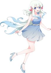 Rule 34 | 1girl, absurdres, anklet, axolotl girl, blue dress, blue eyes, blue footwear, blue hair, breasts, cleavage, clenched hand, dress, gradient hair, grey hair, high heels, highres, jewelry, korean commentary, lee on, long hair, medium breasts, multicolored hair, naru ( nanyao3o), nijisanji, nijisanji kr, open hand, open mouth, second-party source, smile, solo, very long hair, virtual youtuber, white background