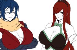 Rule 34 | 2girls, animal ears, bare shoulders, blue hair, breasts, cleavage, crossover, erza scarlet, fairy tail, female focus, gutsbro14, huge breasts, japanese clothes, kimono, large breasts, leotard, long hair, looking at viewer, maid, manyuu chifusa, manyuu hikenchou, multiple girls, ninja, nipples, orange eyes, playboy bunny, ponytail, rabbit ears, red hair, ribbon, scarf, seductive smile, simple background, smile, standing, tomboy, unfinished, very long hair, white background