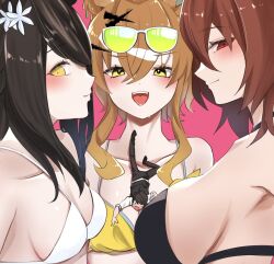 Rule 34 | 1boy, 3girls, agnes tachyon (lunatic lab) (umamusume), agnes tachyon (umamusume), animal ears, bare shoulders, bikini, black bikini, black hair, black pants, black vest, breasts, brown hair, catherine: full body, catherine (game), cleavage, collarbone, commentary request, commission, eyewear on head, flower, from side, hair between eyes, hair flower, hair ornament, highres, horse ears, horse girl, jungle pocket (tobasuze hot summer!) (umamusume), jungle pocket (umamusume), long hair, looking at viewer, manhattan cafe (the bubbles that i see with you) (umamusume), manhattan cafe (umamusume), multiple girls, official alternate costume, pants, parody, pink background, red eyes, shirt, short hair, sideboob, sideways glance, simple background, skeb commission, small breasts, swimsuit, trainer (umamusume), umamusume, upper body, vest, white bikini, white shirt, yellow bikini, yellow eyes, yoino iyo