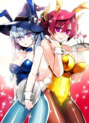 Rule 34 | 10s, 2girls, :&lt;, alternate hairstyle, animal ears, bare shoulders, blue hair, blue pantyhose, breasts, brown legwear, cleavage, colored eyelashes, detached collar, fake animal ears, fishnet pantyhose, fishnets, hair between eyes, hairband, hat, highres, horns, huge breasts, ishida akira, large breasts, leotard, looking at viewer, maou (maoyuu), maoyuu maou yuusha, multiple girls, official art, onna mahoutsukai (maoyuu), open mouth, pantyhose, playboy bunny, promotional art, purple eyes, rabbit ears, rabbit tail, red hair, sparkle, tail, tray, triangle mouth, twintails, witch hat, wrist cuffs