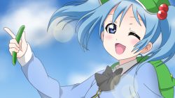Rule 34 | 1girl, ;d, backpack, bad id, bad pixiv id, bag, blue eyes, blue hair, blush, bow, bowtie, cloud, crossover, cucumber, day, dress, hair bobbles, hair ornament, happy, hat, houkiboshi, kawashiro nitori, key, looking at viewer, love live!, love live! school idol project, matching hair/eyes, one eye closed, open mouth, parody, pointing, ribbon, shirt, short hair, short sleeves, short twintails, sky, smile, solo, style parody, touhou, twintails, yazawa nico
