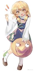Rule 34 | 1girl, animal on leg, animal print, arm up, blonde hair, blouse, blush, breasts, brown footwear, commentary, frog, frog print, hair ribbon, hat, unworn hat, unworn headwear, high collar, highres, holding, holding clothes, holding hat, loafers, medium hair, moriya suwako, open mouth, pyonta, ramudia (lamyun), red ribbon, ribbon, shirt, shoes, simple background, small breasts, socks, solo, standing, sweatdrop, symbol-only commentary, tress ribbon, twitter username, white background, white shirt, white socks, yellow eyes