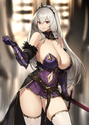 Rule 34 | 1girl, armor, armored dress, bare shoulders, braid, breasts, cleavage, closed mouth, clothing cutout, detached collar, dress, elbow gloves, gauntlets, gloves, hair between eyes, highres, houtengeki, large breasts, long hair, looking at viewer, navel, navel cutout, original, purple dress, purple eyes, sheath, short dress, side braid, silver hair, solo, sword, thighs, tiara, weapon