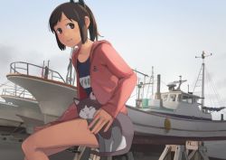 Rule 34 | 1girl, bad id, bad pixiv id, blue sky, blue one-piece swimsuit, blush, boat, brown eyes, brown hair, cat, from side, headgear, i-401 (kancolle), jacket, kantai collection, long sleeves, looking at viewer, looking to the side, makio (makiomeigenbot), name tag, one-piece swimsuit, open clothes, open jacket, outdoors, parted lips, ponytail, red jacket, school swimsuit, short hair, sitting, sky, smile, solo, stool, swimsuit, watercraft