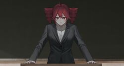 Rule 34 | 1girl, absurdres, ahoge, alternate costume, amn ic01, arm support, black jacket, chalkboard, commentary request, cowboy shot, dress shirt, drill hair, formal, highres, jacket, kasane teto, lapels, leaning forward, lectern, long sleeves, looking at viewer, red eyes, red hair, shirt, short hair, solo, standing, suit, suit jacket, twin drills, utau, white shirt