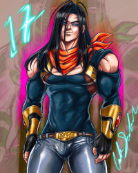 Rule 34 | 1boy, abs, android, aura, bare shoulders, black hair, blue eyes, cleavage cutout, clothing cutout, denim, dragon ball, dragon ball gt, energy, fusion, gloves, highres, jeans, long hair, looking at viewer, male focus, muscular, muscular arms, muscular back, muscular legs, muscular male, ornament, pants, pectorals, power, smile, smirk, smug, super 17, super android 17, suspenders