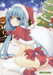 Rule 34 | 1girl, absurdres, ankle boots, artist name, ass, blue eyes, blue hair, blush, boots, bow, box, breasts, capelet, christmas ornaments, from behind, fur trim, gift, gift box, gloves, hair bow, hat, highres, long hair, looking at viewer, looking back, low twintails, medium breasts, melonbooks, nipples, open mouth, panties, red footwear, red gloves, red panties, ribbon, sack, santa hat, scan, sitting, solo, suzuhira hiro, twintails, underwear, wariza, white legwear