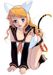 Rule 34 | 1girl, all fours, alternate hair length, alternate hairstyle, animal ears, bad id, bad pixiv id, blonde hair, blue eyes, blush, detached sleeves, fake animal ears, fang, full body, hair ornament, hairclip, kagamine rin, kouno (masao), long hair, neckerchief, open mouth, short shorts, shorts, simple background, solo, tail, vocaloid, white background