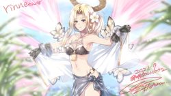 Rule 34 | 1girl, angel, blonde hair, blush, breasts, closed mouth, commission, dated, flower, gloves, hair flower, hair ornament, halo, iseria queen, kuroi mimei, long hair, looking at viewer, navel, signature, skeb commission, smile, solo, star ocean, star ocean the second story, swimsuit, wings