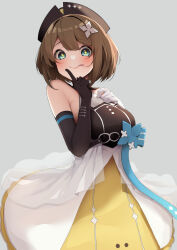 Rule 34 | + +, 1girl, aogiri koukou, bad id, bad pixiv id, bare shoulders, black gloves, black headwear, blue bow, blue eyes, blush, bow, breasts, brown hair, closed mouth, commentary request, elbow gloves, gloves, grey background, hands up, kurikoma komaru, looking at viewer, medium breasts, minato yu, simple background, skirt, solo, striped, striped bow, tongue, tongue out, virtual youtuber, white gloves, yellow skirt