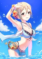 Rule 34 | 10s, 1girl, anoa, arched back, armpits, bikini, black eyes, braid, breasts, cleavage, cowboy shot, day, flower, front-tie bikini top, front-tie top, grey hair, hair flower, hair ornament, idolmaster, idolmaster cinderella girls, idolmaster cinderella girls starlight stage, jewelry, looking at viewer, navel, necklace, ocean, shiomi syuko, short hair, short shorts, shorts, smile, solo, standing, striped bikini, striped clothes, swimsuit, wading