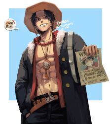 Rule 34 | !, 1boy, abs, artist name, bag, belt, black coat, black eyes, black hair, black shorts, blue background, border, buttons, coat, collared shirt, commentary, cowboy shot, english commentary, freckles, hand in pocket, hat, highres, holding, holding paper, jewelry, looking at viewer, male focus, monkey d. luffy, necklace, one piece, open clothes, open shirt, orange belt, orange hat, orange shirt, paper, portgas d. ace, shirt, short hair, shorts, shoulder bag, smile, solo, square, straw hat, tsumoos, wanted, white border