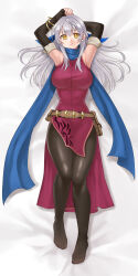 Rule 34 | 1girl, absurdres, armpits, arms up, bed sheet, belt, black gloves, black pantyhose, blue scarf, breasts, brown belt, commentary, dress, elbow gloves, fingerless gloves, fire emblem, fire emblem: radiant dawn, gloves, grey hair, hazuki (nyorosuke), highres, large breasts, long hair, looking at viewer, lying, micaiah (fire emblem), nintendo, no shoes, on back, pantyhose, red dress, scarf, sleeveless, sleeveless dress, smile, solo, very long hair, yellow eyes