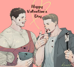 Rule 34 | 2boys, apron, artist name, bara, black hair, bowl, chocolate, chocolate on face, chris redfield, couple, facial hair, food, food on face, grey jacket, happy valentine, highres, holding, holding bowl, jacket, kuconoms, licking another&#039;s finger, male focus, multiple boys, muscular, muscular male, open clothes, open jacket, piers nivans, red apron, resident evil, resident evil 6, shirt, short hair, tongue, tongue out, white shirt, yaoi