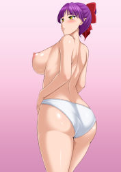 Rule 34 | 1girl, bare back, blush, bow, breasts, cat girl, from behind, gegege no kitarou, looking at viewer, looking back, nekomusume, nekomusume (gegege no kitarou 6), nipples, no bra, panties, pointy ears, purple hair, red bow, solo, tomite, topless, underwear, white panties, yellow eyes