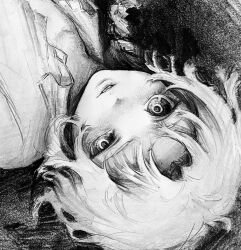 1girl black_background blonde_hair blush eyelashes graphite_(medium) greyscale half-closed_eye highres lying messy_hair monochrome open_clothes open_shirt original parted_bangs parted_lips shirt short_hair solo traditional_media upside-down white_shirt ynielnan3s8mp5o