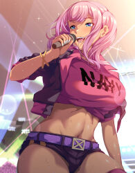 Rule 34 | absurdres, belt, belt buckle, black jacket, black shorts, blue eyes, breasts, buckle, concert, crop top, cropped jacket, dark-skinned female, dark skin, fingernails, gyaru, highres, holding, holding microphone, idol, jacket, large breasts, lens flare, looking to the side, medium hair, microphone, midriff, multicolored clothes, multicolored jacket, music, nail polish, open clothes, open jacket, open mouth, original, pink hair, pink jacket, pink shirt, purple belt, shirt, short shorts, shorts, sidelocks, singing, skindentation, sparkle, standing, sweat, tan, teeth, thighhighs, thighs, twintails, white nails, wristband, x36marubox
