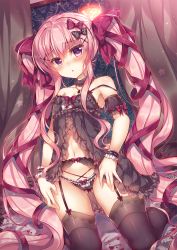 Rule 34 | 1girl, :&lt;, armpits, babydoll, bare shoulders, black bow, black panties, black thighhighs, blush, bow, bow panties, breasts, cleavage, commentary request, curtains, detached sleeves, garter belt, hair between eyes, hair bow, hair ornament, hair ribbon, highres, jewelry, kneeling, lilia chocolanne, long hair, looking at viewer, navel, no shoes, original, panties, parted lips, pendant, pink hair, polka dot, polka dot bow, puffy short sleeves, puffy sleeves, purple bow, purple eyes, purple ribbon, red bow, ribbon, short sleeves, small breasts, solo, strap slip, suzunone rena, thighhighs, triangle mouth, twintails, underwear, very long hair, wrist cuffs, x hair ornament
