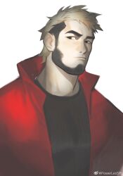 Rule 34 | 1boy, bara, blonde hair, highres, jacket, layered shirt, looking to the side, male focus, multicolored hair, original, pectorals, powerlesssong, red jacket, short hair, sideways glance, solo, thick eyebrows, two-tone hair, upper body