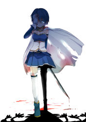 Rule 34 | 10s, 1girl, bad id, bad pixiv id, blue eyes, blue hair, cape, female focus, full body, mahou shoujo madoka magica, mahou shoujo madoka magica (anime), matching hair/eyes, miki sayaka, pun2, short hair, solo, sword, tears, thighhighs, torn cape, torn clothes, weapon, white background