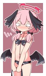 Rule 34 | 1girl, absurdres, bare arms, bare legs, bare shoulders, bikini, black bikini, black wings, blue archive, blush, border, closed mouth, collarbone, commentary request, cowboy shot, feathered wings, flat chest, floral print, hair between eyes, halo, hana kazari, head wings, highres, koharu (blue archive), koharu (swimsuit) (blue archive), long hair, low twintails, low wings, navel, official alternate costume, outline, pink hair, pink halo, print bikini, solo, swimsuit, twintails, white border, white outline, wings