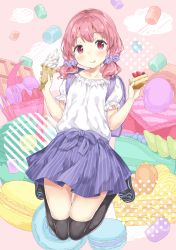 Rule 34 | 1girl, :p, backpack, bad id, bad pixiv id, bag, black footwear, black thighhighs, blush, bow, cake, cake slice, closed mouth, collarbone, food, gyuunyuu nomio, hair ornament, hair scrunchie, head tilt, holding, holding food, ice cream, ice cream cone, original, pink hair, puffy short sleeves, puffy sleeves, purple bow, purple scrunchie, purple skirt, randoseru, red eyes, sandals, scrunchie, shirt, short sleeves, skirt, smile, soft serve, solo, striped bow, striped clothes, striped skirt, thighhighs, tongue, tongue out, vertical-striped clothes, vertical-striped skirt, white shirt