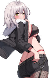 Rule 34 | 1girl, ahoge, ass, bikini, black bikini, black jacket, black shorts, blush, breasts, fate/grand order, fate (series), fishnet pantyhose, fishnets, fur-trimmed jacket, fur trim, highres, jacket, jeanne d&#039;arc alter (swimsuit berserker) (fate), jeanne d&#039;arc (fate), jeanne d&#039;arc alter (fate), jeanne d&#039;arc alter (swimsuit berserker) (fate), large breasts, long sleeves, looking at viewer, looking back, open clothes, open jacket, pantyhose, short hair, shorts, silver hair, solo, suiroh (shideoukami), swimsuit, thighs, thong, white background, yellow eyes