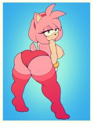 Rule 34 | 1girl, absurdres, amy rose, ass, back, bent over, blue background, bracelet, breasts, curvy, from behind, furry, furry female, gloves, green eyes, hairband, hedgehog, hedgehog ears, hedgehog tail, highres, huge ass, jewelry, large breasts, looking at viewer, looking back, nipples, panties, red panties, smile, solo, sonic (series), stunnerpony, tail, thick thighs, thighhighs, thighs, topless, underwear, white gloves, wide hips