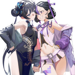 Rule 34 | 2girls, armpits, asymmetrical docking, athungkaew, belt, black coat, black dress, black eyes, black hair, blue archive, bow, breast press, breasts, butterfly hair ornament, china dress, chinese clothes, coat, commentary, crossover, double bun, dress, earrings, goddess of victory: nikke, grin, groin, hair between eyes, hair bow, hair bun, hair ornament, hair ribbon, halo, hand on hip, head tilt, heads together, highres, holding hands, interlocked fingers, jewelry, kisaki (blue archive), leaning forward, leg tattoo, long hair, long sleeves, looking at another, mole, mole under eye, multicolored hair, multiple girls, navel, necktie, pleated skirt, purple eyes, ribbon, short hair, side slit, sidelocks, simple background, skirt, sleeveless, small breasts, smile, stomach, streaked hair, symbol-only commentary, syuen (nikke), tattoo, twintails, v-shaped eyebrows, white background, yuri