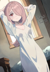 Rule 34 | 1girl, artist name, bed, closed mouth, domdom, hair over one eye, light frown, little witch academia, long hair, nightgown, pale skin, purple hair, red eyes, solo, sucy manbavaran, white nightgown, window