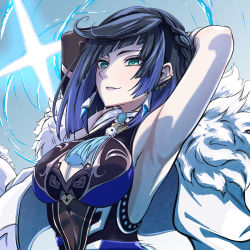 Rule 34 | 1girl, absurdres, armpits, arms up, black hair, blue hair, blunt bangs, breasts, cleavage cutout, clothing cutout, commentary request, genshin impact, green eyes, grin, highres, large breasts, multicolored hair, parted lips, partial commentary, short hair, sleeveless, smile, solo, taiju (gr09kuma), upper body, yelan (genshin impact)
