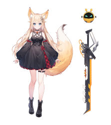 Rule 34 | 1girl, animal ear fluff, animal ears, belt, black belt, black dress, black footwear, black nails, blonde hair, blue eyes, boots, bow, buckle, choker, dress, expressionless, fox, fox ears, fox girl, fox tail, ge zhong kuaile, hair ornament, heart, heart-shaped buckle, highres, indie virtual youtuber, long hair, multicolored clothes, multicolored dress, red bow, robot, solo, standing, sword, tachi-e, tail, thigh strap, very long hair, weapon