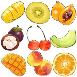 Rule 34 | cherry, food, food focus, fruit, highres, mango, melon, melon slice, miri illust, no humans, original, peach, pineapple, pineapple slice, simple background, white background
