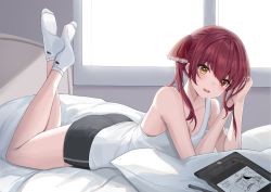 Rule 34 | 1girl, absurdres, alternate costume, arrow through heart, ass, bare legs, blush, breasts, cleavage, commentary, commentary request, crossed ankles, drawing tablet, embarrassed, english commentary, fang, feet up, full body, hair ribbon, hand on head, heterochromia, highres, hololive, houshou marine, indoors, leaning forward, legs, legs together, legs up, long hair, looking at viewer, lying, medium breasts, mixed-language commentary, mungduck, no shoes, on bed, on stomach, pillow, red eyes, red hair, red ribbon, ribbon, shirt, shorts, skin fang, sleeveless, sleeveless shirt, socks, soles, solo, swept bangs, tank top, the pose, thighs, twintails, virtual youtuber, white shirt, white socks, window, yellow eyes