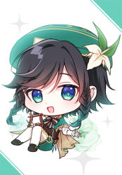 Rule 34 | 1boy, 723/nanahumi, :d, black footwear, black hair, blue eyes, braid, capelet, chibi, commentary request, flower, full body, genshin impact, green background, green capelet, green eyes, green hat, green shorts, hat, hat flower, loafers, long hair, long sleeves, looking at viewer, lyre, male focus, open mouth, pantyhose, pantyhose under shorts, puffy long sleeves, puffy sleeves, shirt, shoes, short shorts, shorts, sleeves past wrists, smile, solo, twin braids, two-tone background, venti (genshin impact), white background, white flower, white pantyhose, white shirt