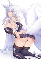 Rule 34 | 1girl, absurdres, animal ears, ass, azur lane, back, bare shoulders, blue eyes, boots, breasts, cleavage, closed mouth, deogho (liujinzy9854), detached sleeves, fox ears, fox girl, fox tail, from behind, frown, high heel boots, high heels, highres, kneeling, large breasts, leaning forward, light blush, long hair, looking at viewer, looking back, microskirt, multiple tails, panties, race queen, shinano (azur lane), shinano (moonlit chrome) (azur lane), sideboob, simple background, skirt, solo, tail, thigh boots, underboob, underwear, very long hair, white background, white hair