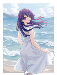 Rule 34 | 1girl, alternate costume, bare arms, bare shoulders, beach, blue sky, border, cloud, cloudy sky, commentary, day, dress, from behind, highres, hoshino ai (oshi no ko), long hair, looking at viewer, ocean, oshi no ko, outdoors, piroaki, purple eyes, purple hair, skirt hold, sky, sleeveless, sleeveless dress, smile, solo, standing, star-shaped pupils, star (symbol), sundress, swept bangs, symbol-shaped pupils, water, white border, white dress