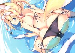Rule 34 | 1girl, absurdres, animal ears, ass, bikini, black bikini, blonde hair, blue eyes, blush, butt crack, cameltoe, closed mouth, detexted, fox ears, fox tail, from above, hair ribbon, highres, inflatable orca, inflatable toy, long hair, looking back, nozomi tsubame, original, ribbon, scan, shoulder blades, side-tie bikini bottom, smile, solo, swimsuit, tail, third-party edit, water