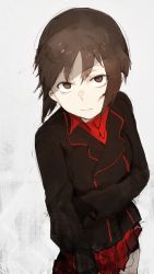 Rule 34 | 10s, 1girl, black gloves, black jacket, brown eyes, brown hair, character request, closed mouth, collared shirt, girls und panzer, gloves, grey background, highres, hirako, jacket, long sleeves, looking at viewer, pleated skirt, red shirt, red skirt, shirt, sketch, skirt, solo, standing, wing collar