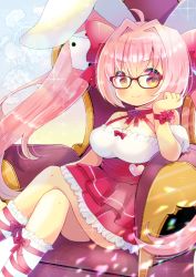 Rule 34 | &gt;:), 1girl, ahoge, animal ears, armchair, bare shoulders, blush, bow, breasts, chair, choker, cleavage, closed mouth, collarbone, commentary request, crossed legs, di gi charat, dice hair ornament, frilled skirt, frilled socks, frills, glasses, hair bow, hair intakes, hair ornament, hand up, heart, kou hiyoyo, long hair, looking at viewer, medium breasts, on chair, pink hair, pleated skirt, puffy short sleeves, puffy sleeves, rabbit ears, red-framed eyewear, red bow, red choker, red eyes, red skirt, short sleeves, sidelocks, sitting, skirt, smile, socks, solo, twintails, usada hikaru, v-shaped eyebrows, very long hair, white sleeves, white socks
