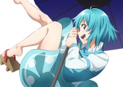 Rule 34 | 1girl, ahoge, bare legs, blue hair, blue skirt, blue vest, commentary request, geta, gyouza (mhea5724), happy, highres, holding, holding umbrella, juliet sleeves, knees, knees up, legs, long sleeves, looking at viewer, no socks, open mouth, puffy sleeves, purple umbrella, red eyes, simple background, skirt, solo, tatara kogasa, teeth, touhou, umbrella, upper teeth only, vest, white background