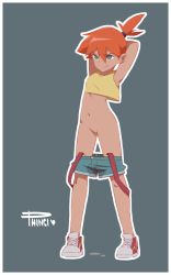 Rule 34 | 1girl, armpits, arms behind head, arms up, bad baraag id, bad id, bad pixiv id, bare shoulders, blue shorts, cleft of venus, clothes pull, creatures (company), crop top, denim, denim shorts, female focus, flat chest, full body, game freak, green eyes, hair between eyes, hair ornament, highres, looking to the side, misty (pokemon), navel, nintendo, no panties, orange hair, phinci, pokemon, pokemon (anime), pokemon (classic anime), ponytail, pussy, pussy juice, pussy juice puddle, pussy juice trail, red footwear, shirt, shoes, short hair, short shorts, shorts, shorts pull, side ponytail, simple background, sleeveless, sleeveless shirt, sneakers, solo, standing, suspenders, uncensored, yellow shirt