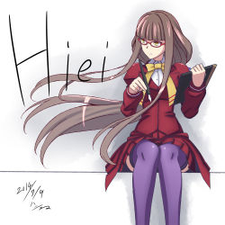 Rule 34 | 10s, 1girl, aoki hagane no arpeggio, bow, bowtie, brown hair, character name, dated, formal, frown, glasses, h-new, hiei (aoki hagane no arpeggio), long hair, low ponytail, nib pen (object), pen, ponytail, purple thighhighs, school uniform, sitting, skirt, skirt suit, solo, suit, thighhighs, very long hair, yellow eyes