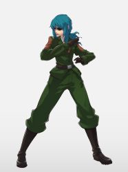 Rule 34 | alternate costume, black gloves, blue eyes, blue hair, boots, cosplay, eyepatch, full body, gloves, green jacket, green pants, highres, jacket, leona heidern, mackenziko, military, military uniform, necktie, pants, snk, soldier, solo, standing, the king of fighters, uniform