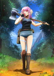 Rule 34 | 1girl, artist name, au ra, axe, belt pouch, black gloves, black tank top, boots, breasts, brown footwear, denim, denim shorts, final fantasy, final fantasy xiv, fingerless gloves, food, full body, gloves, highres, holding, holding axe, holding food, ishii hisao, large breasts, long hair, looking to the side, original, outdoors, pouch, purple hair, red eyes, shorts, solo, tank top, walking, warrior of light (ff14)