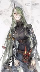 Rule 34 | 1girl, absurdres, arknights, armband, belt, belt buckle, black belt, black shirt, blue pants, buckle, chinese commentary, commentary request, green hair, hair over one eye, highres, horns, hoshiguma (arknights), hoshiguma (ronin huntress) (arknights), lips, llmia4, long hair, long sleeves, looking at viewer, mask, official alternate costume, oni mask, pants, shirt, single horn, smile, solo, standing, torn clothes, torn shirt, yellow armband, yellow eyes